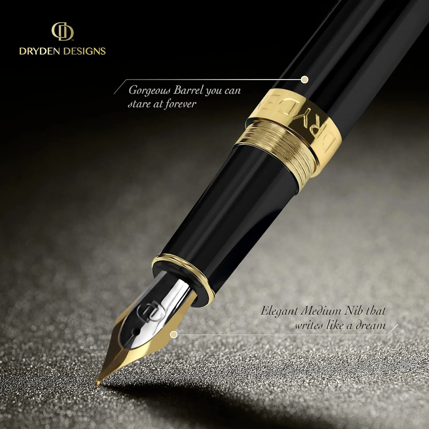 Dryden Designs Fountain Pen - Medium and Fine Nibs | Includes 24 Ink Cartridges and Ink Refill Converter | Calligraphy Pen, Consistent Writing, Smooth Look - Intense Black.