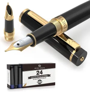 Dryden Designs Fountain Pen - Medium and Fine Nibs | Includes 24 Ink Cartridges and Ink Refill Converter | Calligraphy Pen, Consistent Writing, Smooth Look - Intense Black.