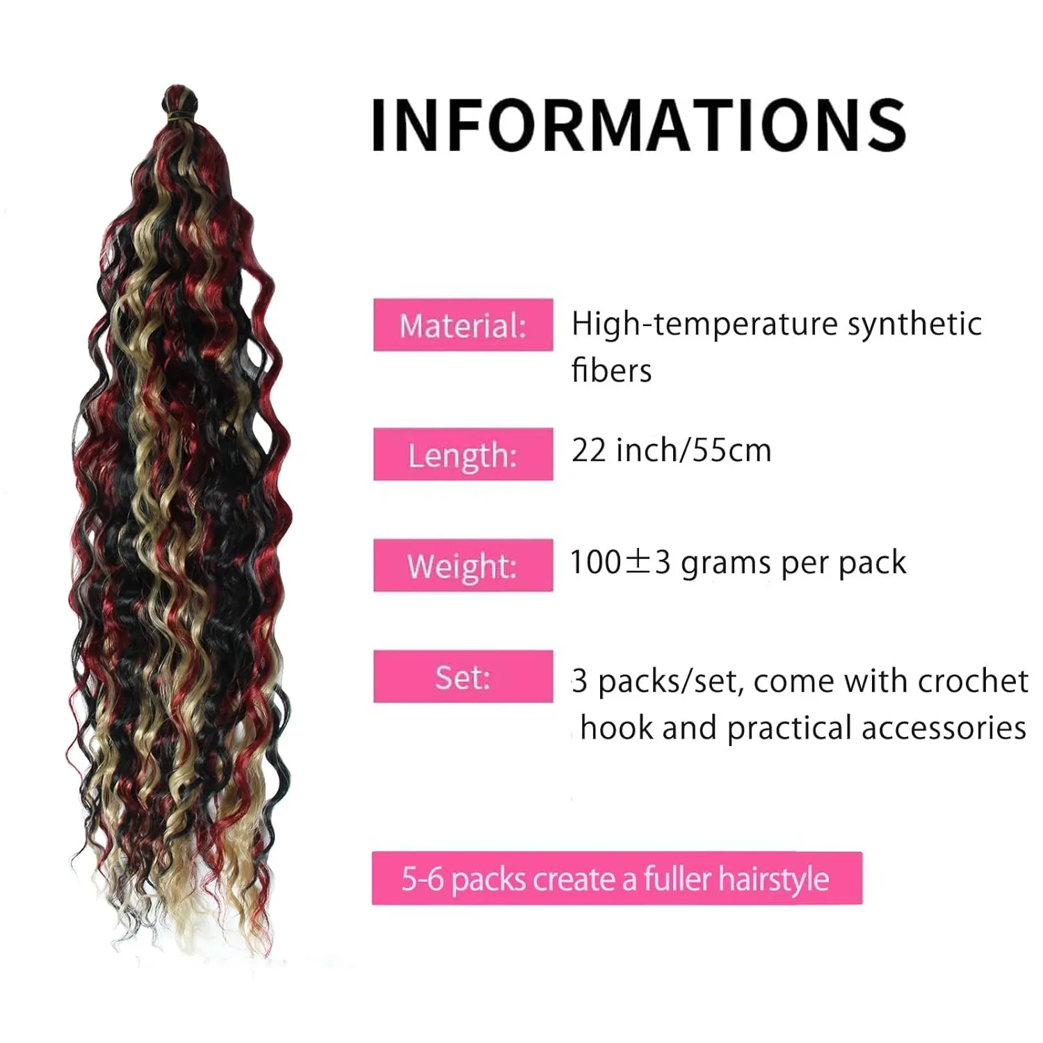 Dsoar Deep Twist Crochet Hair 22 Inch Highlight Deep Wave Curly Braiding Hair 3 Packs Water Wave Synthetic Hair Extensions for Women (1b/24/bug#)