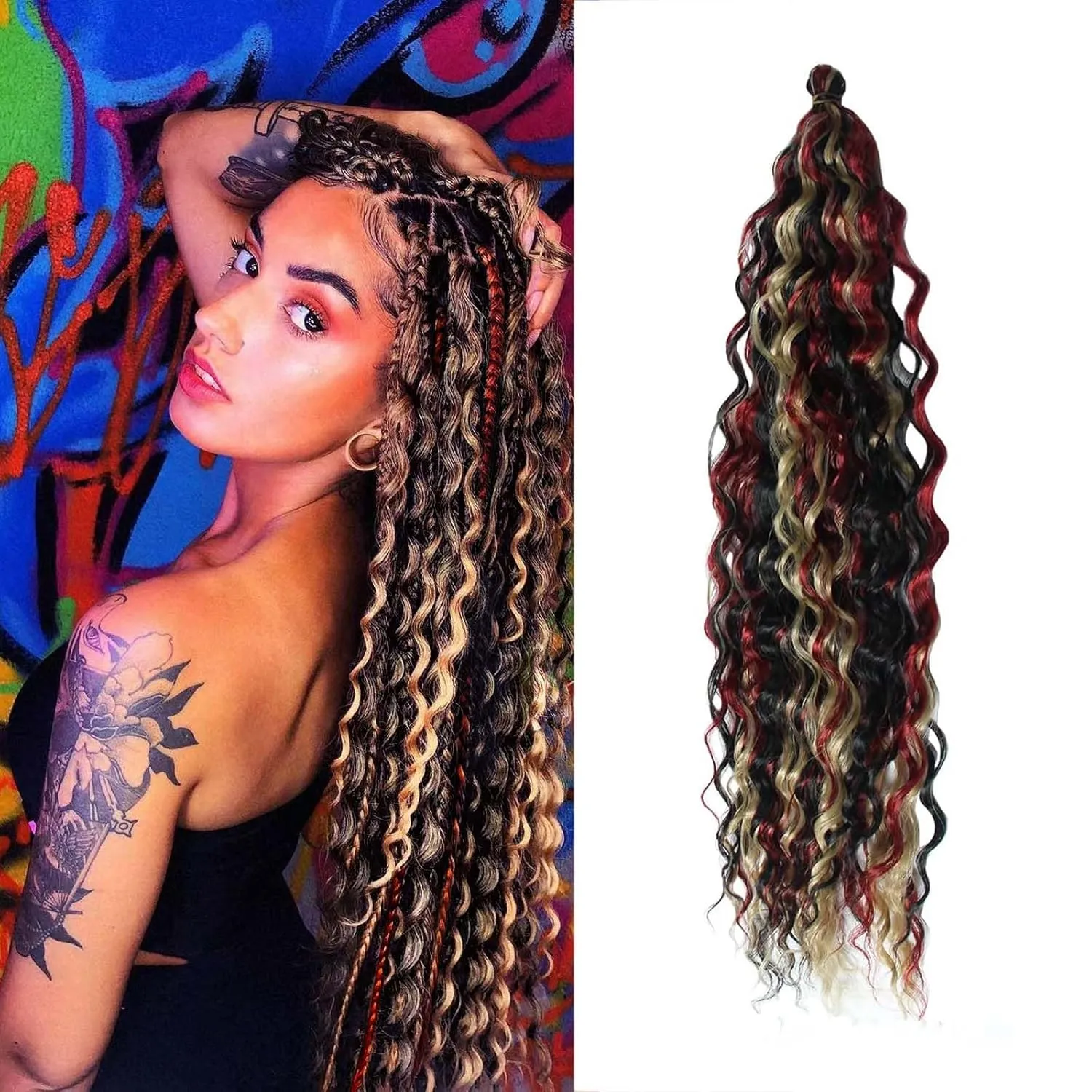Dsoar Deep Twist Crochet Hair 22 Inch Highlight Deep Wave Curly Braiding Hair 3 Packs Water Wave Synthetic Hair Extensions for Women (1b/24/bug#)