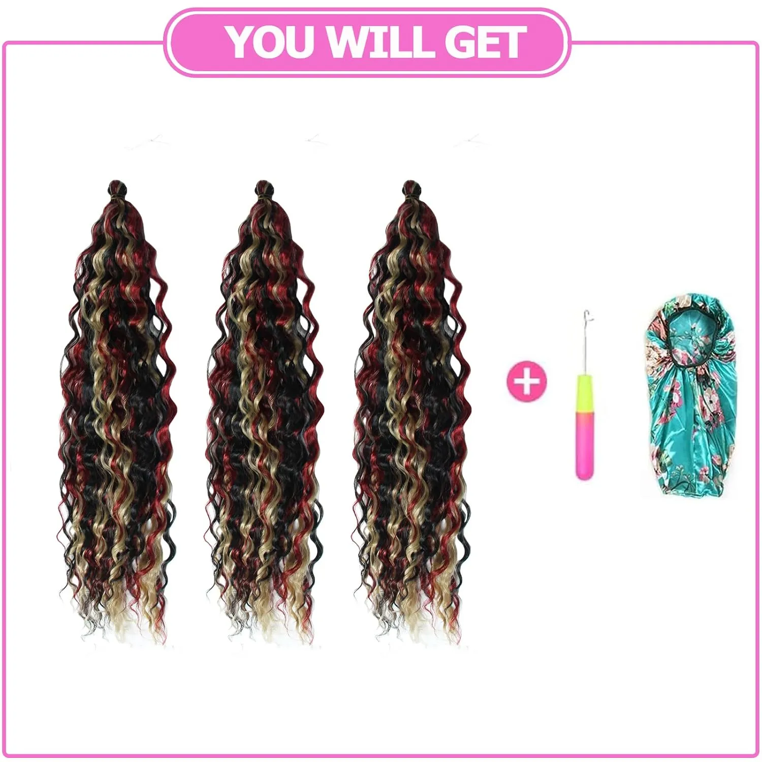 Dsoar Deep Twist Crochet Hair 22 Inch Highlight Deep Wave Curly Braiding Hair 3 Packs Water Wave Synthetic Hair Extensions for Women (1b/24/bug#)