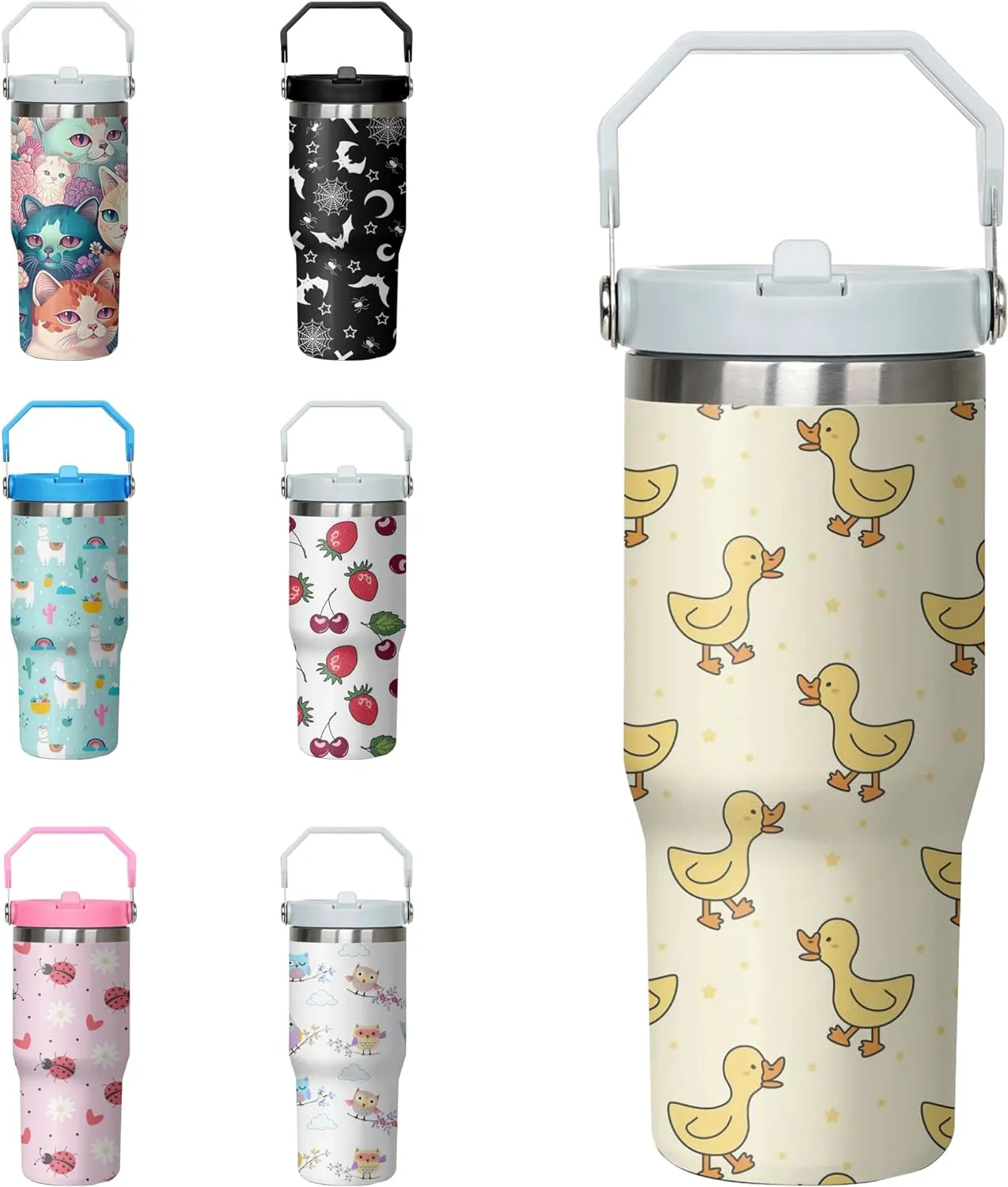Duck Tumbler with Handle and Flip Straw for Women Men, 30oz Cute Stainless Steel Insulated Cup, Water Bottle Travel Coffee Mug, Gifts for Animal Lovers