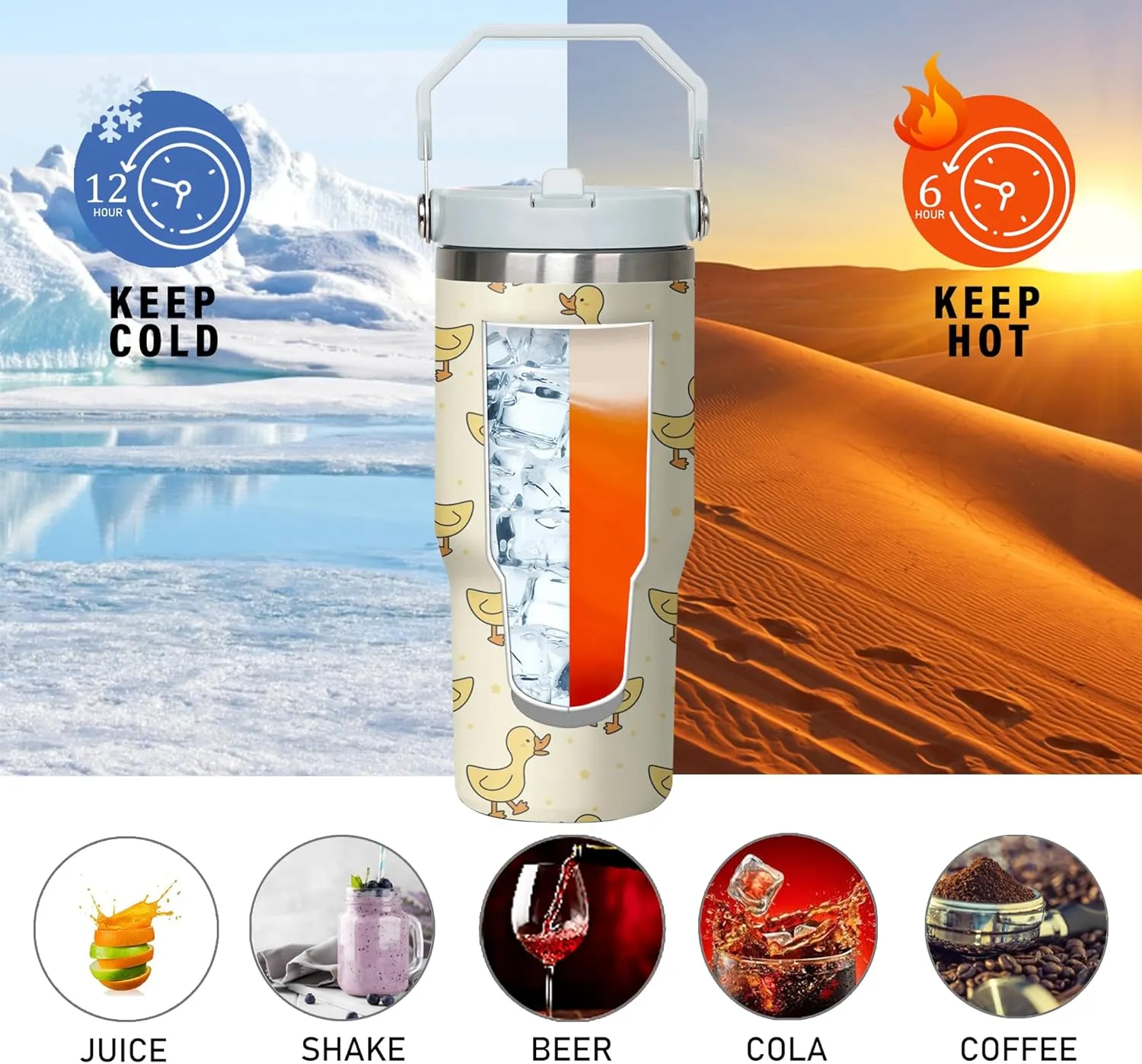 Duck Tumbler with Handle and Flip Straw for Women Men, 30oz Cute Stainless Steel Insulated Cup, Water Bottle Travel Coffee Mug, Gifts for Animal Lovers