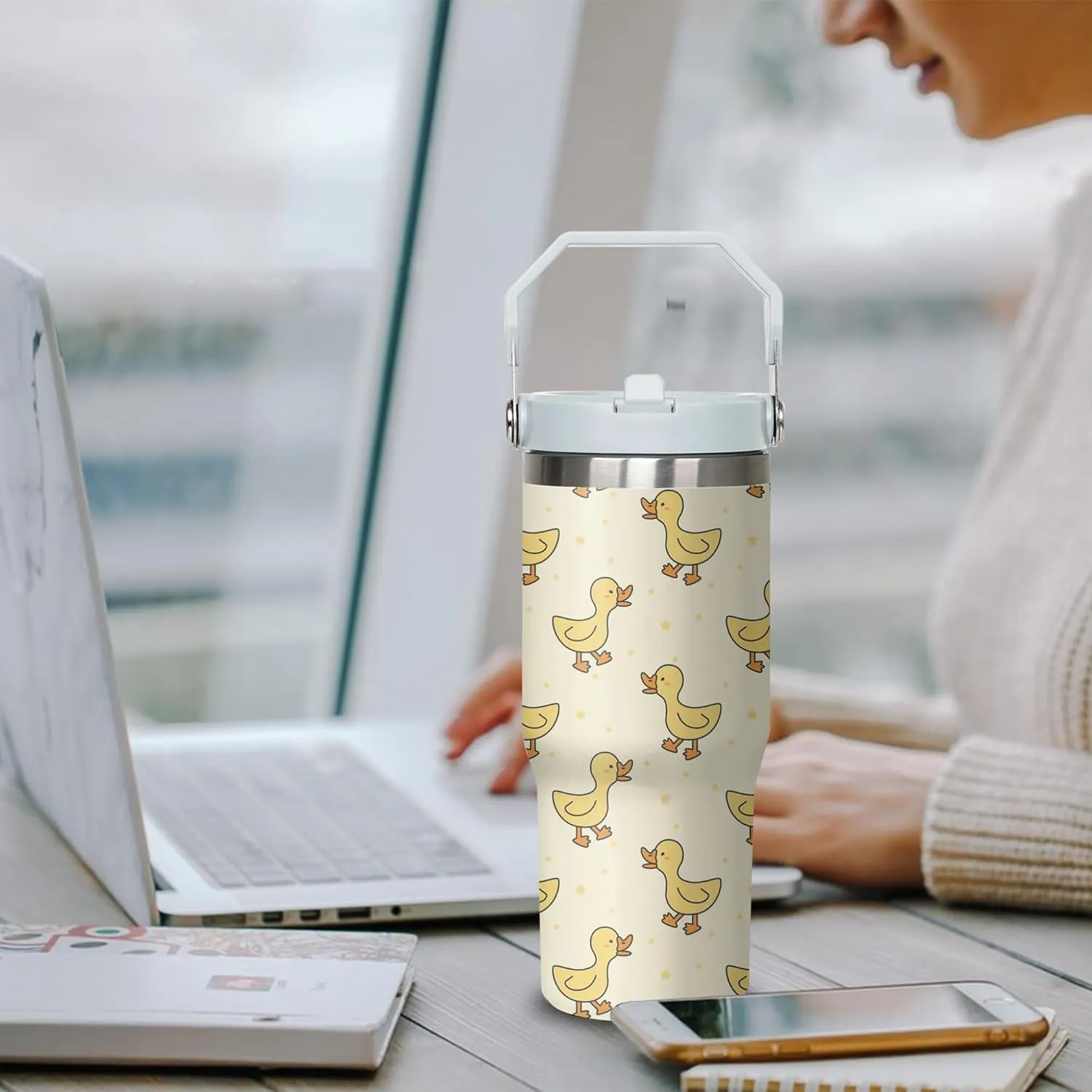 Duck Tumbler with Handle and Flip Straw for Women Men, 30oz Cute Stainless Steel Insulated Cup, Water Bottle Travel Coffee Mug, Gifts for Animal Lovers
