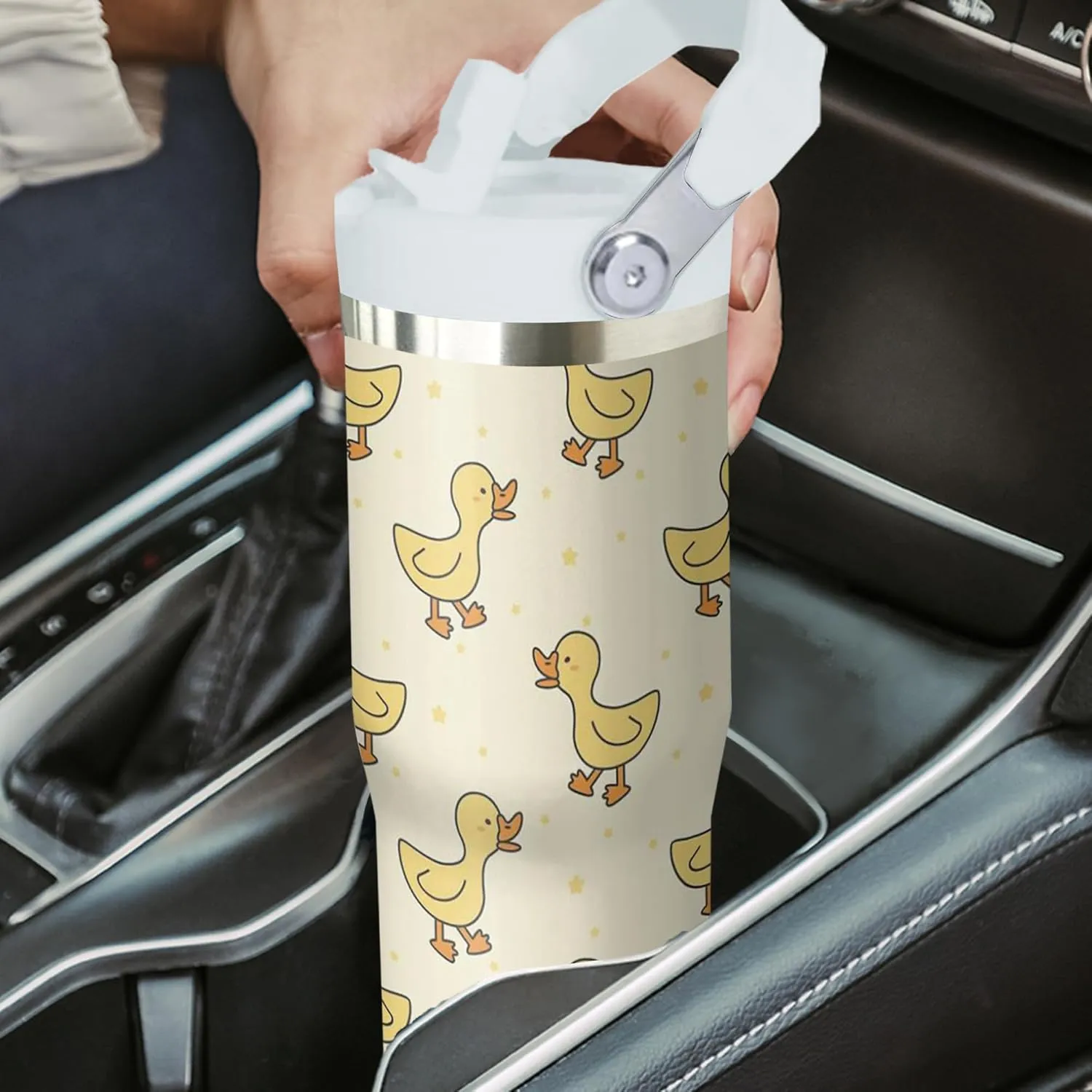 Duck Tumbler with Handle and Flip Straw for Women Men, 30oz Cute Stainless Steel Insulated Cup, Water Bottle Travel Coffee Mug, Gifts for Animal Lovers