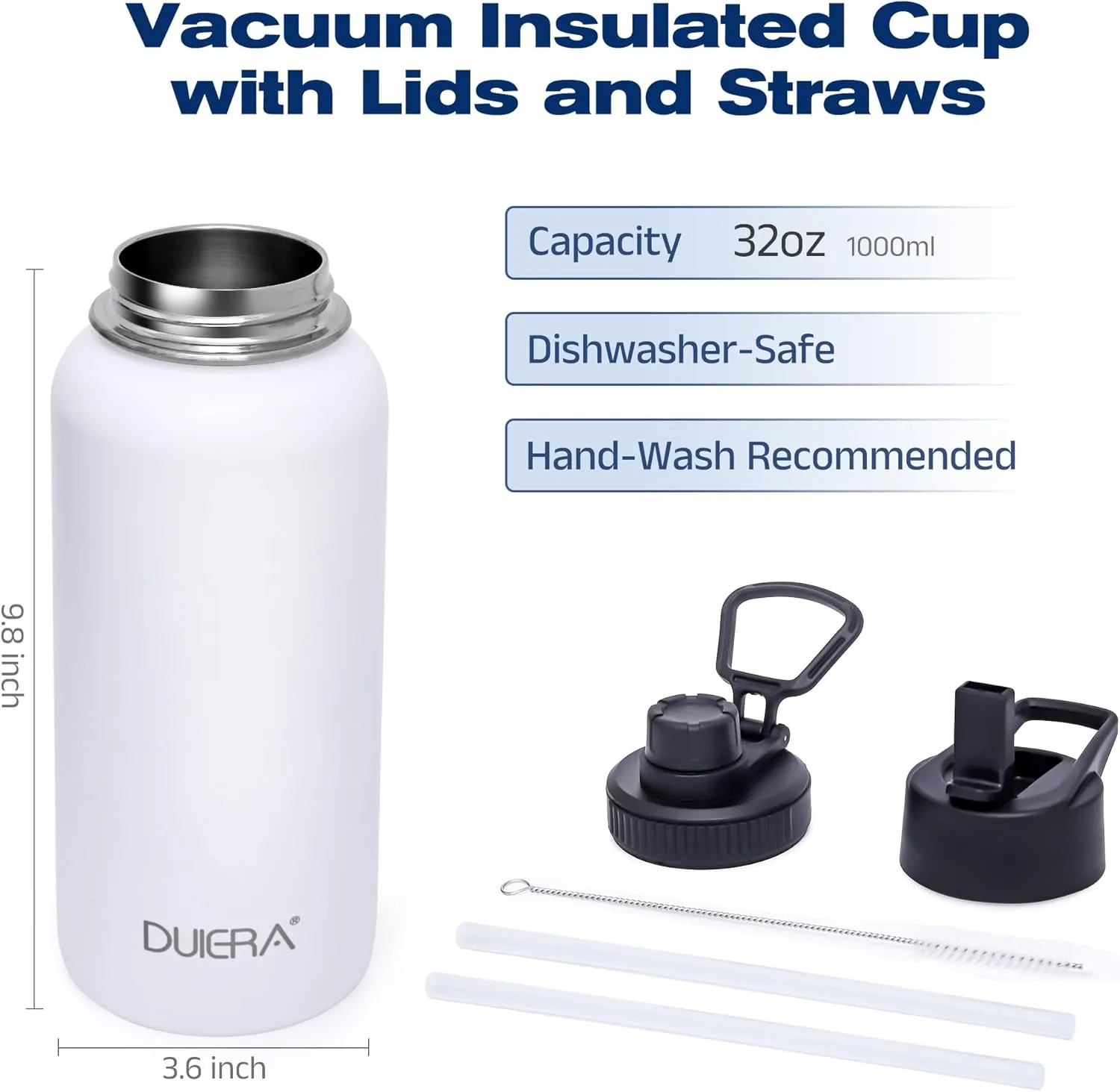 DUIERA Water Bottle with Straw 32 oz Stainless Steel Insulated Water Bottle for Cold Drink Sports Water Bottle with Straw and Lid Vacuum Water Bottle for Women, Leakproof and Spill Proof, White