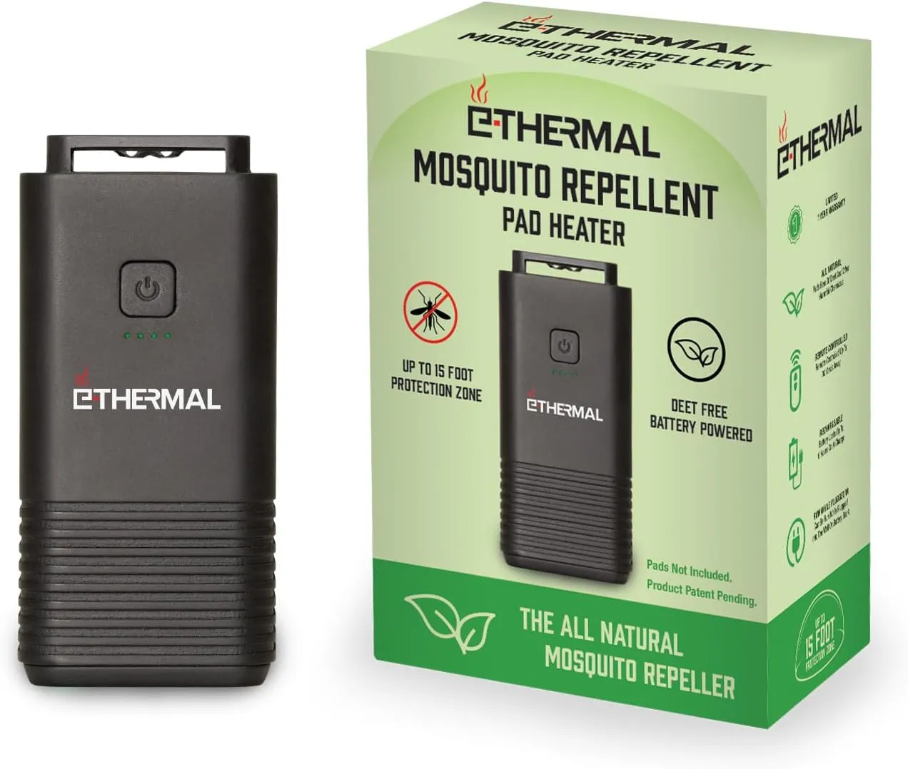 E-Thermal Mosquito Repeller - Uses All Natural, Deet Free Pads - Rechargeable Battery - No Butane - Very Effective with Up to 15 Feet of Protection - The All Natural Bug Spray Alternative