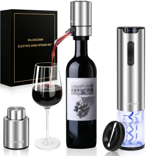 Electric Wine Opener Set,4-in-1 Wine Gifts Box with Automatic Corkscrew Wine Bottle Opener Rechargeable, Wine Aerator,Vacuum Stopper and Foil Cutter for Wedding,Home,Party(Stainless Steel)