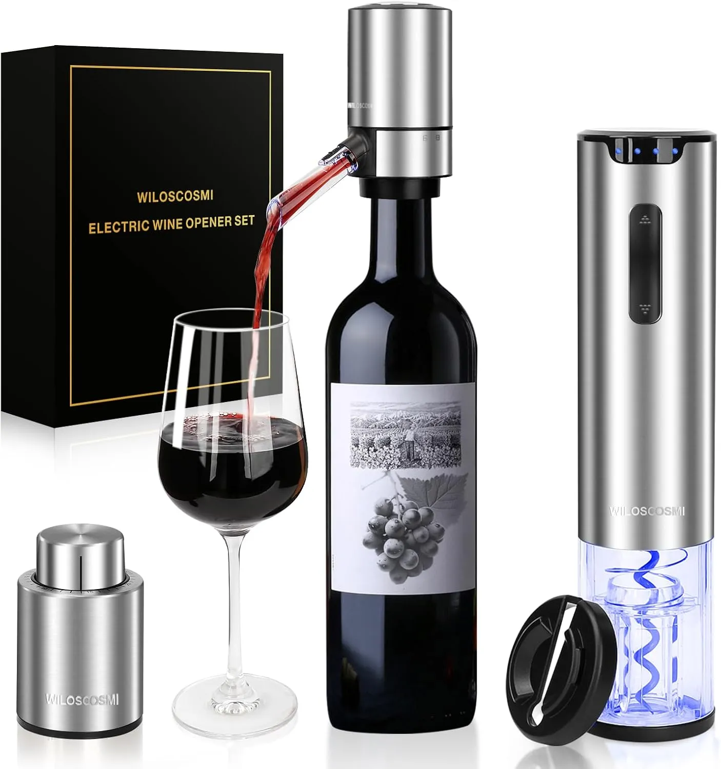 Electric Wine Opener Set,4-in-1 Wine Gifts Box with Automatic Corkscrew Wine Bottle Opener Rechargeable, Wine Aerator,Vacuum Stopper and Foil Cutter for Wedding,Home,Party(Stainless Steel)