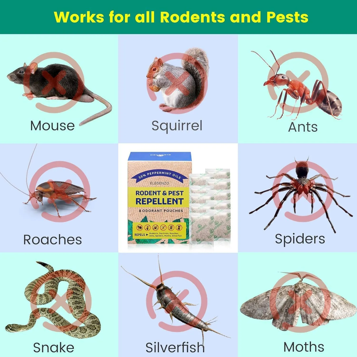 ELEGENZO Mouse Repellent Pouches with Peppermint Oil - Repels Mice, Rats, Squirrels, Roaches, Ants, Spiders, Moths