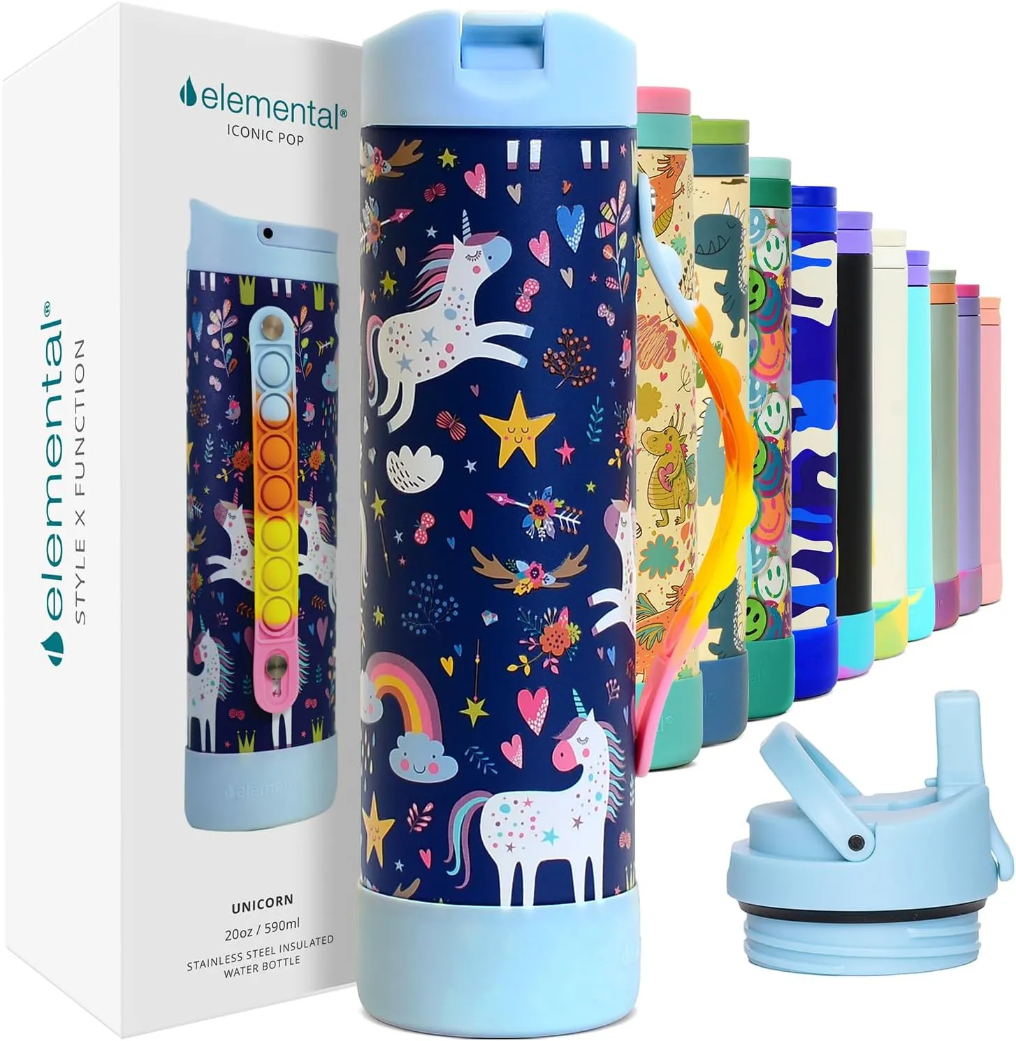 Elemental Iconic Kids Water Bottle with Straw Lid & Stress Reliever Pop It Handle, Leak-Proof When Closed, Triple Insulated Stainless Steel Reusable Thermos Water Bottle, 20oz - Unicorn