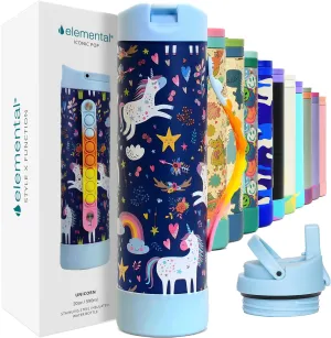 Elemental Iconic Kids Water Bottle with Straw Lid & Stress Reliever Pop It Handle, Leak-Proof When Closed, Triple Insulated Stainless Steel Reusable Thermos Water Bottle, 20oz - Unicorn