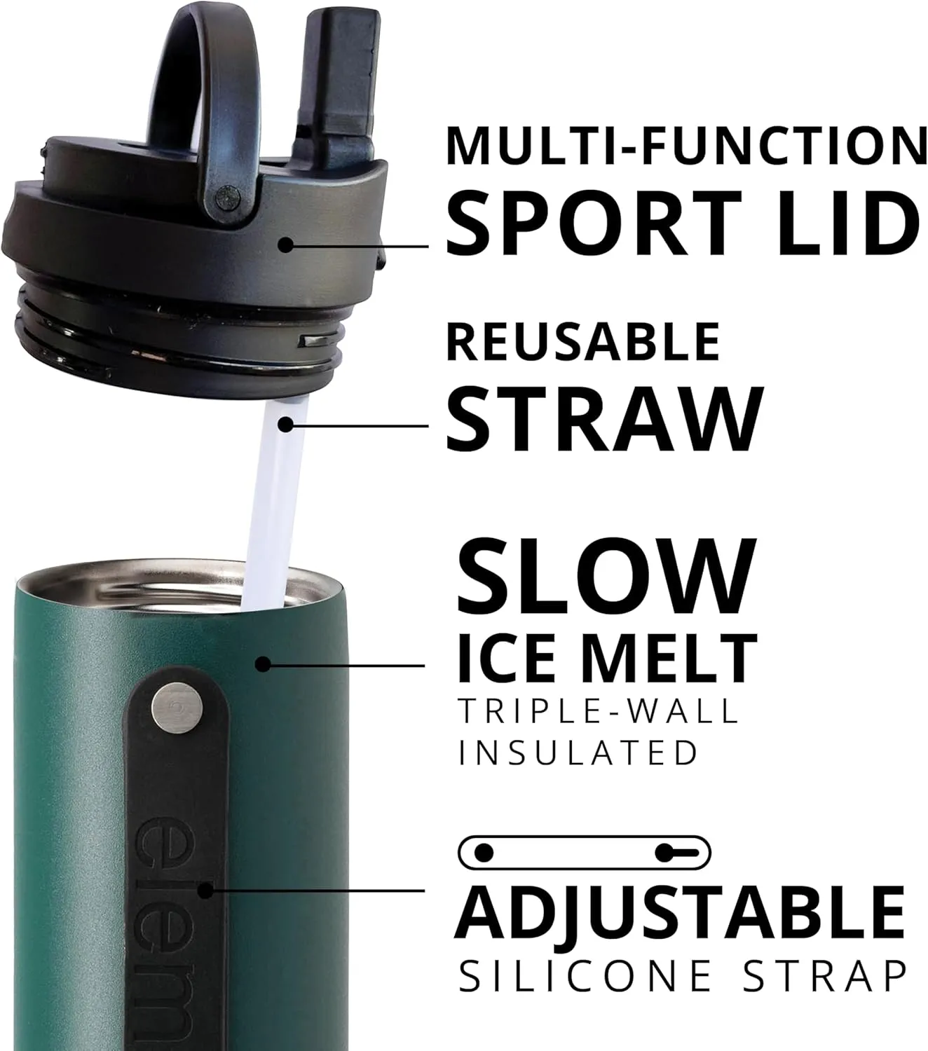 Elemental Iconic Stainless Steel Water Bottle with Straw - 20 oz Leak Proof Triple Wall Insulated Water Bottles for Travel and Sports - Reusable Gym Water Bottle with 2 Straws - Forest Green