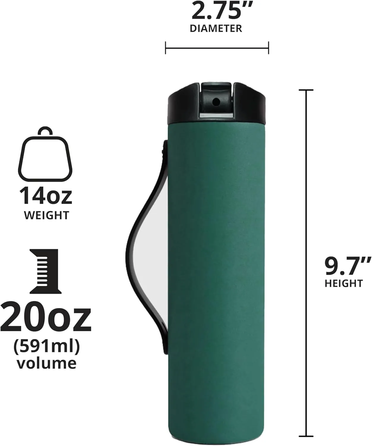 Elemental Iconic Stainless Steel Water Bottle with Straw - 20 oz Leak Proof Triple Wall Insulated Water Bottles for Travel and Sports - Reusable Gym Water Bottle with 2 Straws - Forest Green
