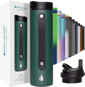 Elemental Iconic Stainless Steel Water Bottle with Straw - 20 oz Leak Proof Triple Wall Insulated Water Bottles for Travel and Sports - Reusable Gym Water Bottle with 2 Straws - Forest Green