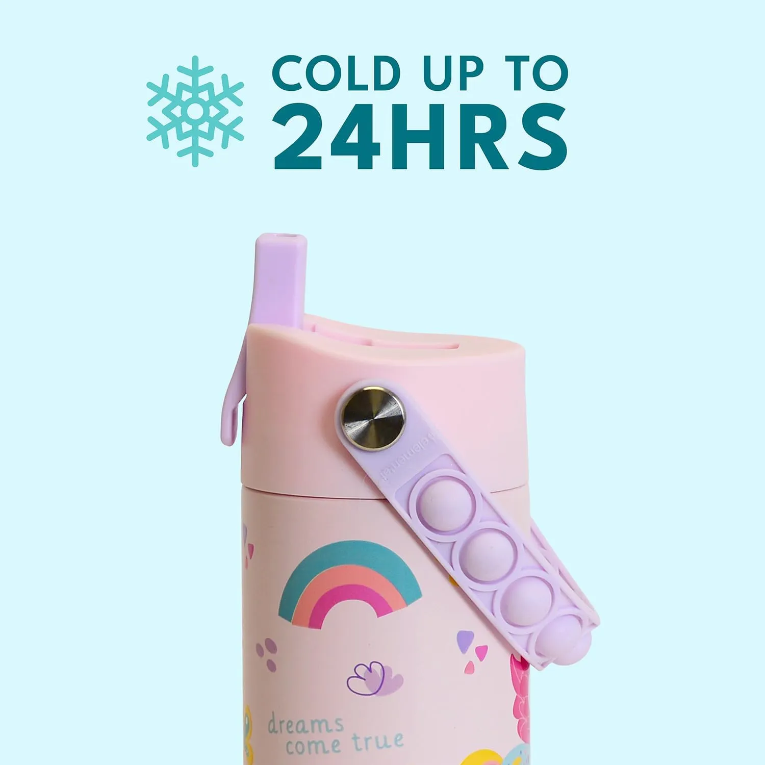 Elemental Insulated Kids Water Bottle, Stainless Steel Water Bottle with Straw Lid & Pop-It Handle, Leak-Proof Water Bottles for School, Boys or Girls, Travelling and Sports, 18oz - Unicorn Rainbow
