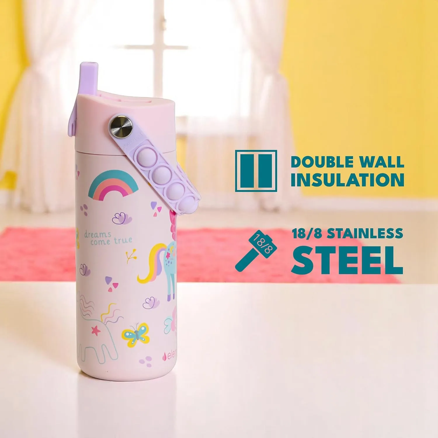 Elemental Insulated Kids Water Bottle, Stainless Steel Water Bottle with Straw Lid & Pop-It Handle, Leak-Proof Water Bottles for School, Boys or Girls, Travelling and Sports, 18oz - Unicorn Rainbow