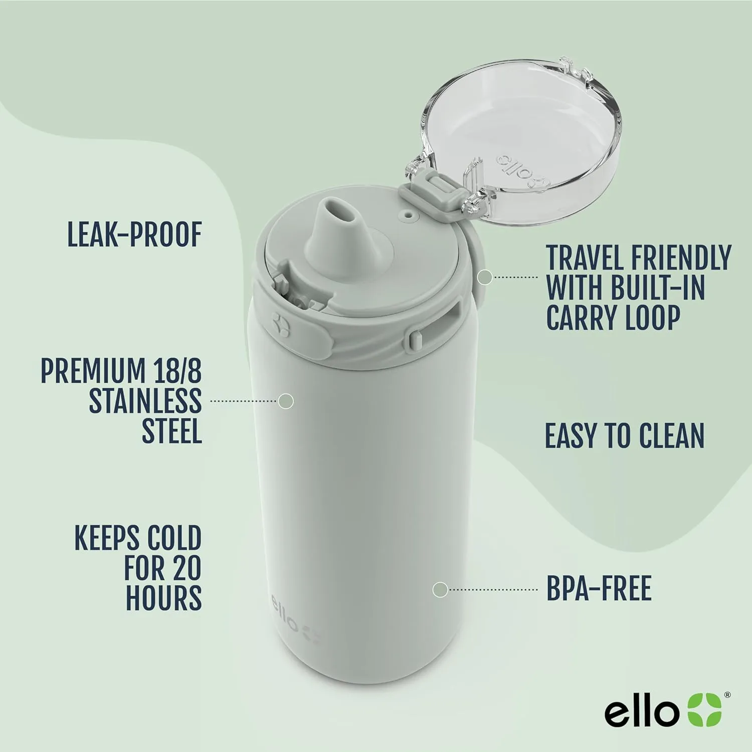 Ello Cooper 18oz Kids Stainless Steel Water Bottle with Straw and Carry Handle, Double Walled and Vacuum Insulated Metal, Leak Proof Locking Lid with Soft Silicone Spout, Reusable, BPA Free, Sage