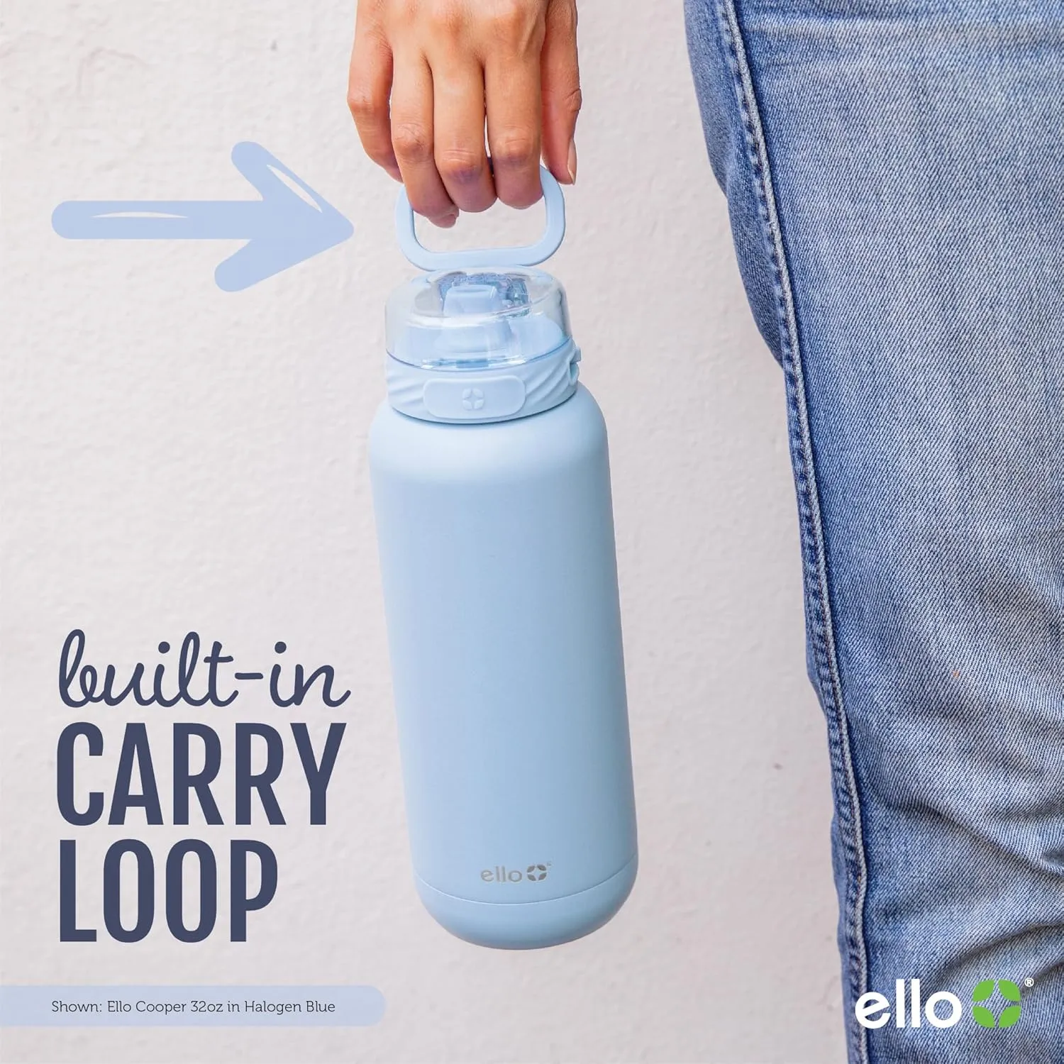 Ello Cooper 32oz Stainless Steel Water Bottle with 2 Lids Chug and Straw | Leak Proof | Double Walled and Vacuum Insulated | Built in Carry Loop | Dishwasher Safe | Gray