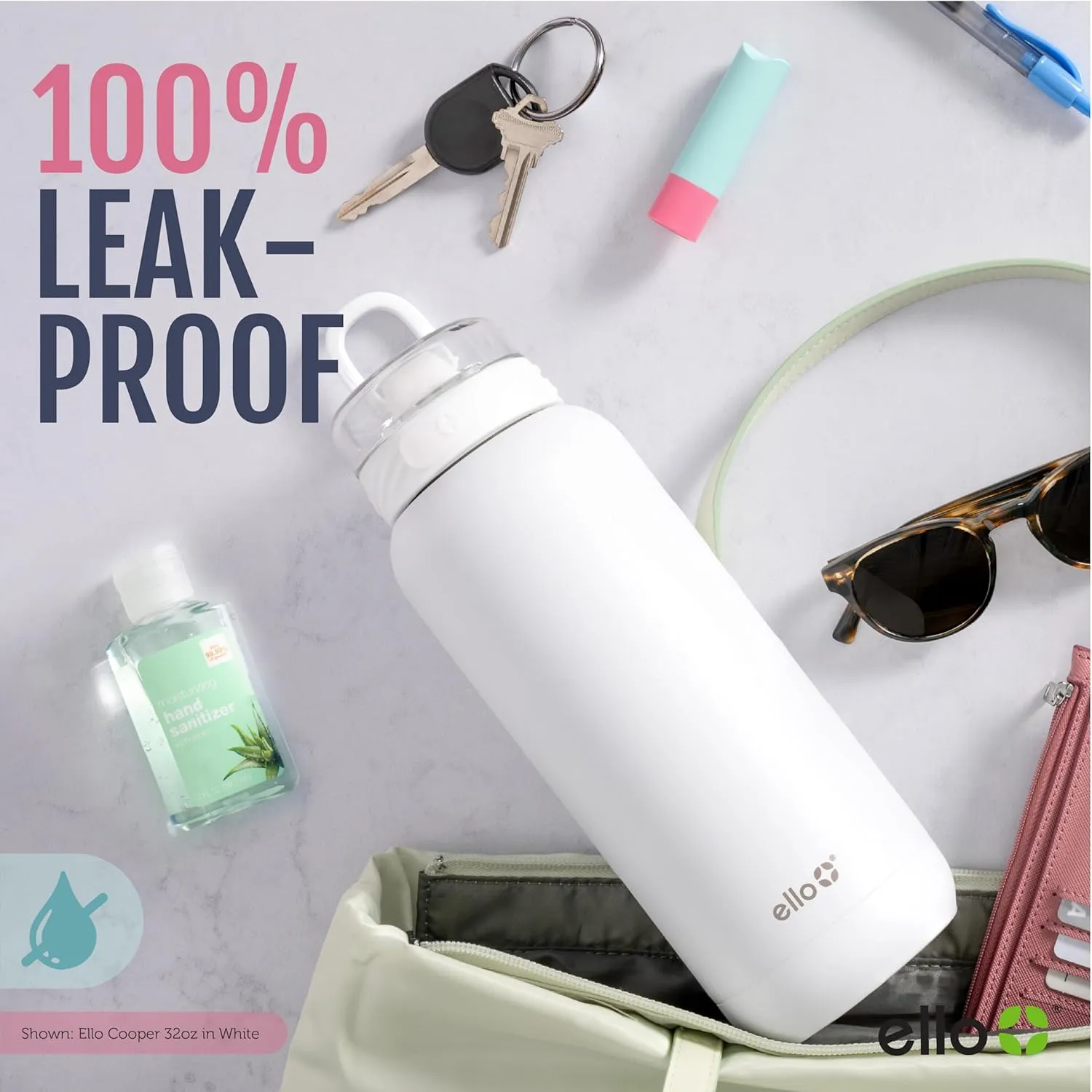Ello Cooper 32oz Stainless Steel Water Bottle with 2 Lids Chug and Straw | Leak Proof | Double Walled and Vacuum Insulated | Built in Carry Loop | Dishwasher Safe | Gray