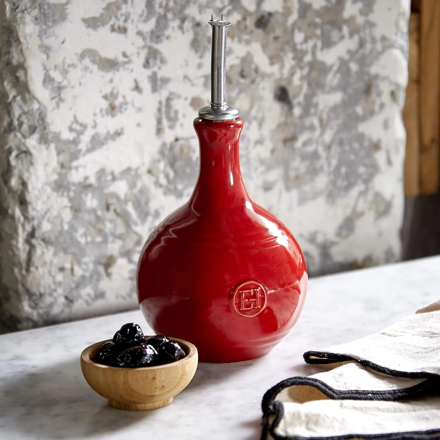 Emile Henry Stainless Steel Spout, Burgundy Vinegar Cruet Bottle, 15.2oz