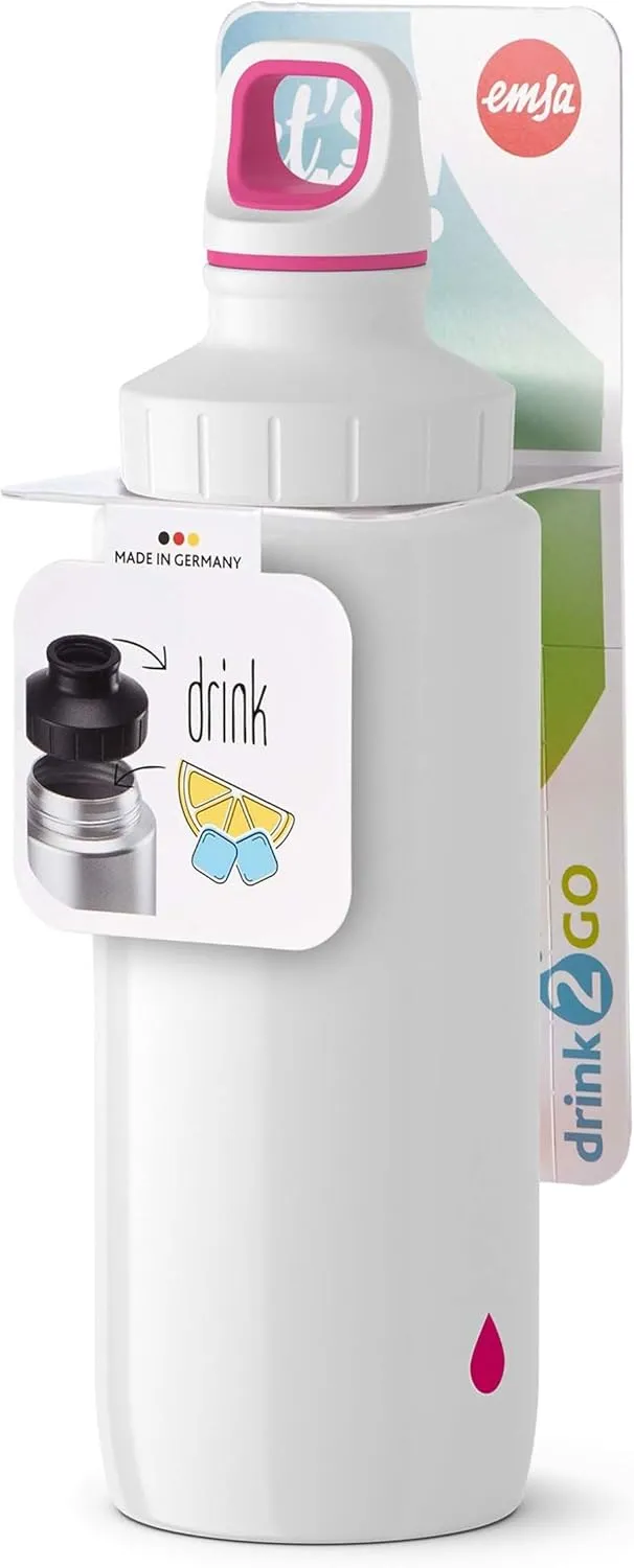 Emsa 518354 Drinking Bottle Drink2Go Light Steel | 0.6 L | Stainless Steel | Screw Cap | 100% Leak-Proof & Dishwasher Safe | Drop Pink