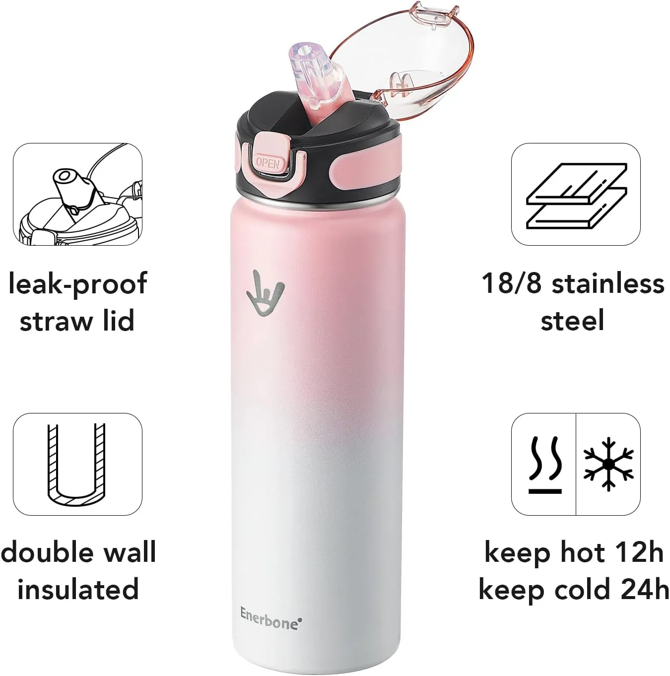 Enerbone Insulated Water Bottle, 24 oz Stainless Steel Water Bottles with Carrying Strap, Double-Wall Vacuum Insulation Thermos, Leakproof Sports Bottle with Straw, Keep Drinks Hot or Cold for Hours