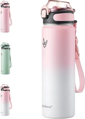 Enerbone Insulated Water Bottle, 24 oz Stainless Steel Water Bottles with Carrying Strap, Double-Wall Vacuum Insulation Thermos, Leakproof Sports Bottle with Straw, Keep Drinks Hot or Cold for Hours