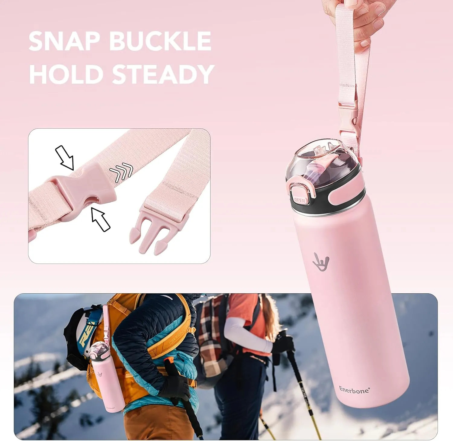 Enerbone Insulated Water Bottle, 24 oz Stainless Steel Water Bottles with Carrying Strap, Double-Wall Vacuum Insulation Thermos, Leakproof Sports Bottle with Straw, Keep Drinks Hot or Cold for Hours