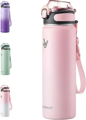 Enerbone Insulated Water Bottle, 24 oz Stainless Steel Water Bottles with Carrying Strap, Double-Wall Vacuum Insulation Thermos, Leakproof Sports Bottle with Straw, Keep Drinks Hot or Cold for Hours