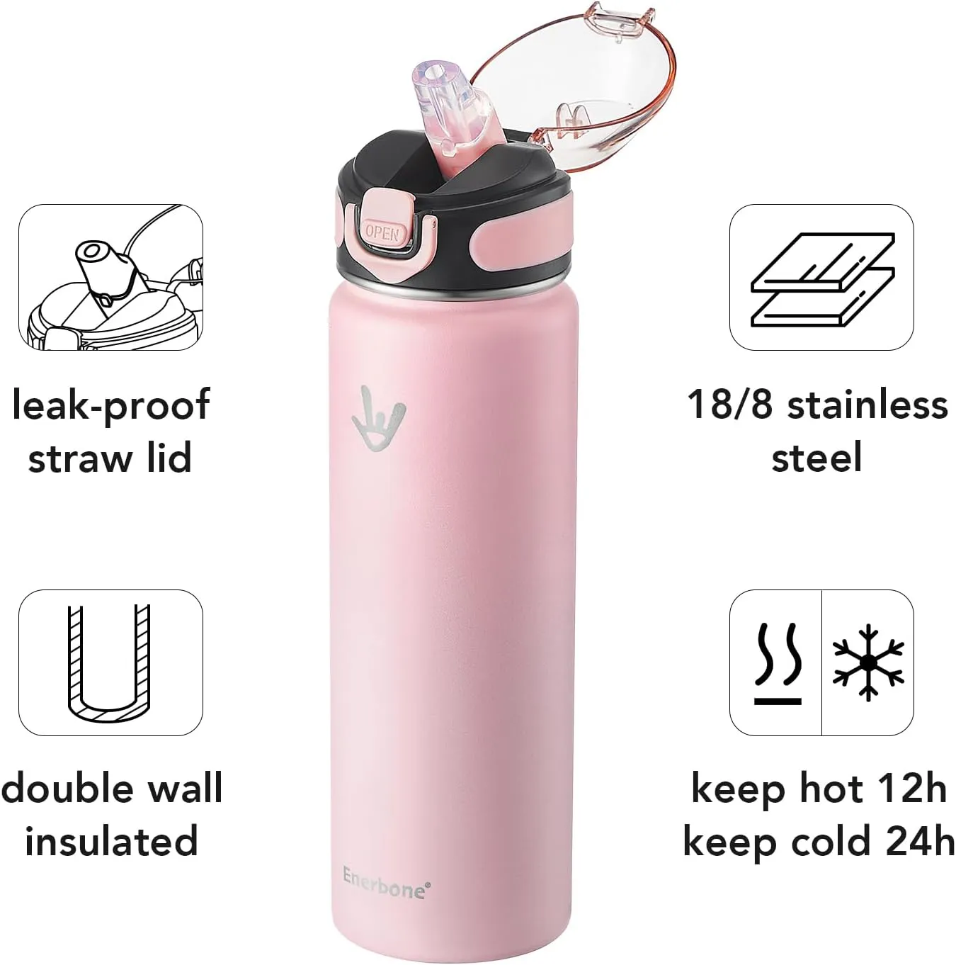 Enerbone Insulated Water Bottle, 24 oz Stainless Steel Water Bottles with Carrying Strap, Double-Wall Vacuum Insulation Thermos, Leakproof Sports Bottle with Straw, Keep Drinks Hot or Cold for Hours