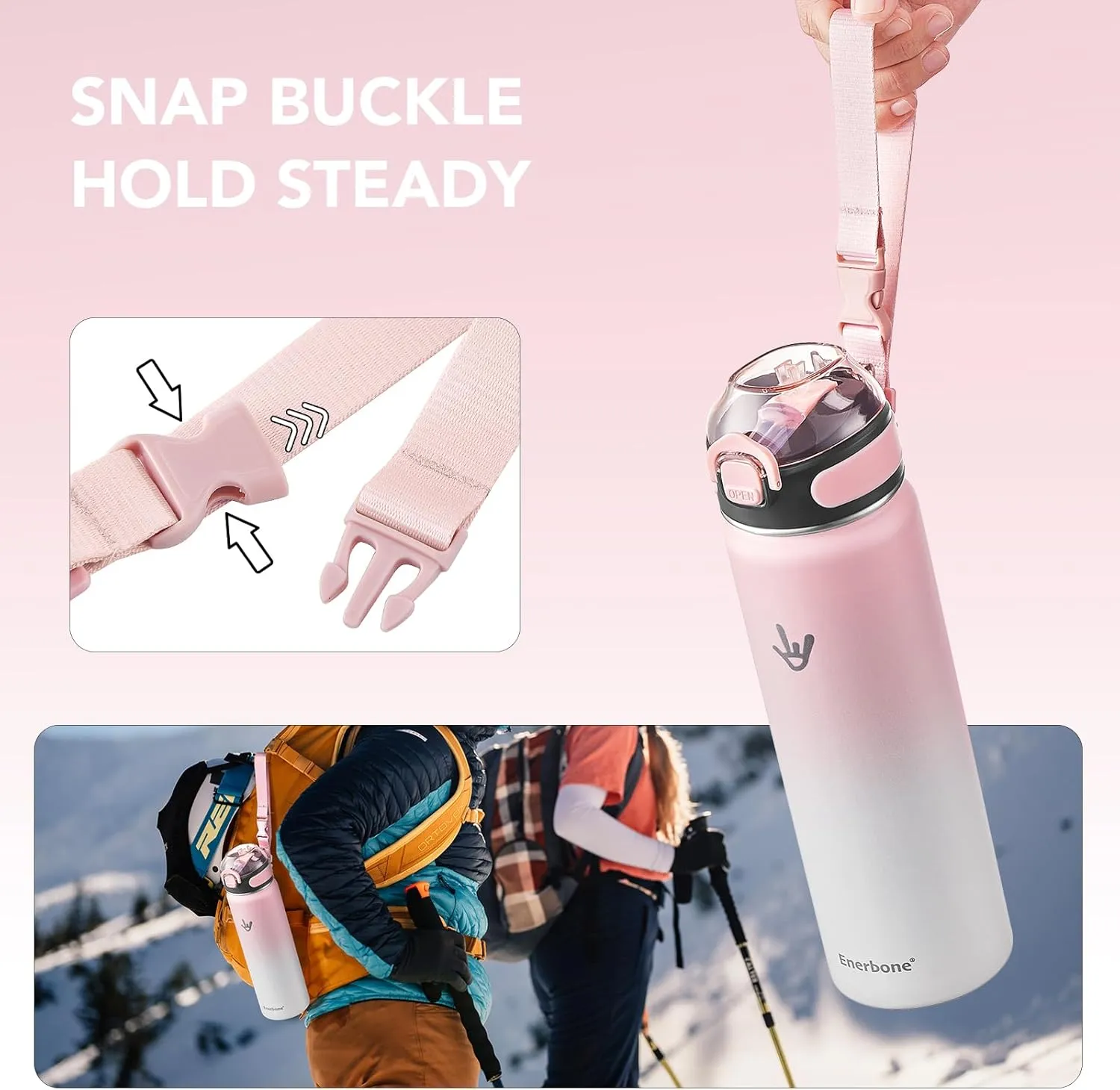 Enerbone Insulated Water Bottle, 24 oz Stainless Steel Water Bottles with Carrying Strap, Double-Wall Vacuum Insulation Thermos, Leakproof Sports Bottle with Straw, Keep Drinks Hot or Cold for Hours