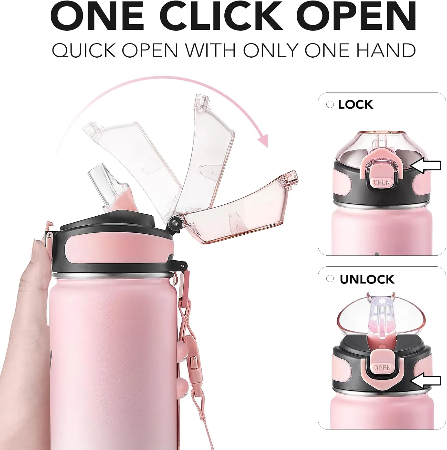 Enerbone Insulated Water Bottle, 24 oz Stainless Steel Water Bottles with Carrying Strap, Double-Wall Vacuum Insulation Thermos, Leakproof Sports Bottle with Straw, Keep Drinks Hot or Cold for Hours