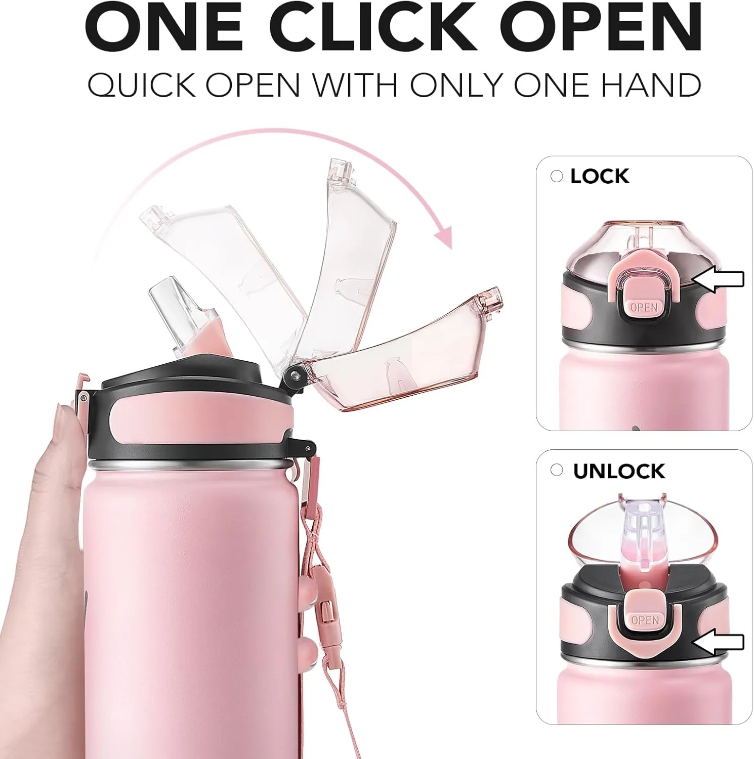 Enerbone Insulated Water Bottle, 24 oz Stainless Steel Water Bottles with Carrying Strap, Double-Wall Vacuum Insulation Thermos, Leakproof Sports Bottle with Straw, Keep Drinks Hot or Cold for Hours