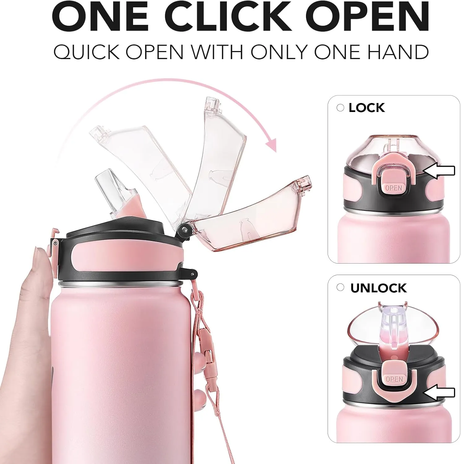 Enerbone Insulated Water Bottle, 32 oz Stainless Steel Water Bottles with Carrying Strap, Double-Wall Vacuum Insulation Thermos, Leakproof Sports Bottle with Straw, Keep Drinks Hot or Cold for Hours