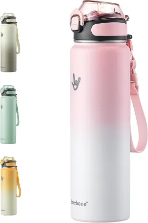 Enerbone Insulated Water Bottle, 32 oz Stainless Steel Water Bottles with Carrying Strap, Double-Wall Vacuum Insulation Thermos, Leakproof Sports Bottle with Straw, Keep Drinks Hot or Cold for Hours