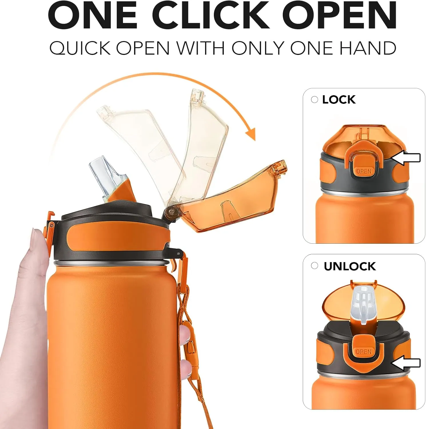 Enerbone Insulated Water Bottle, 32 oz Stainless Steel Water Bottles with Carrying Strap, Double-Wall Vacuum Insulation Thermos, Leakproof Sports Bottle with Straw, Keep Drinks Hot or Cold for Hours