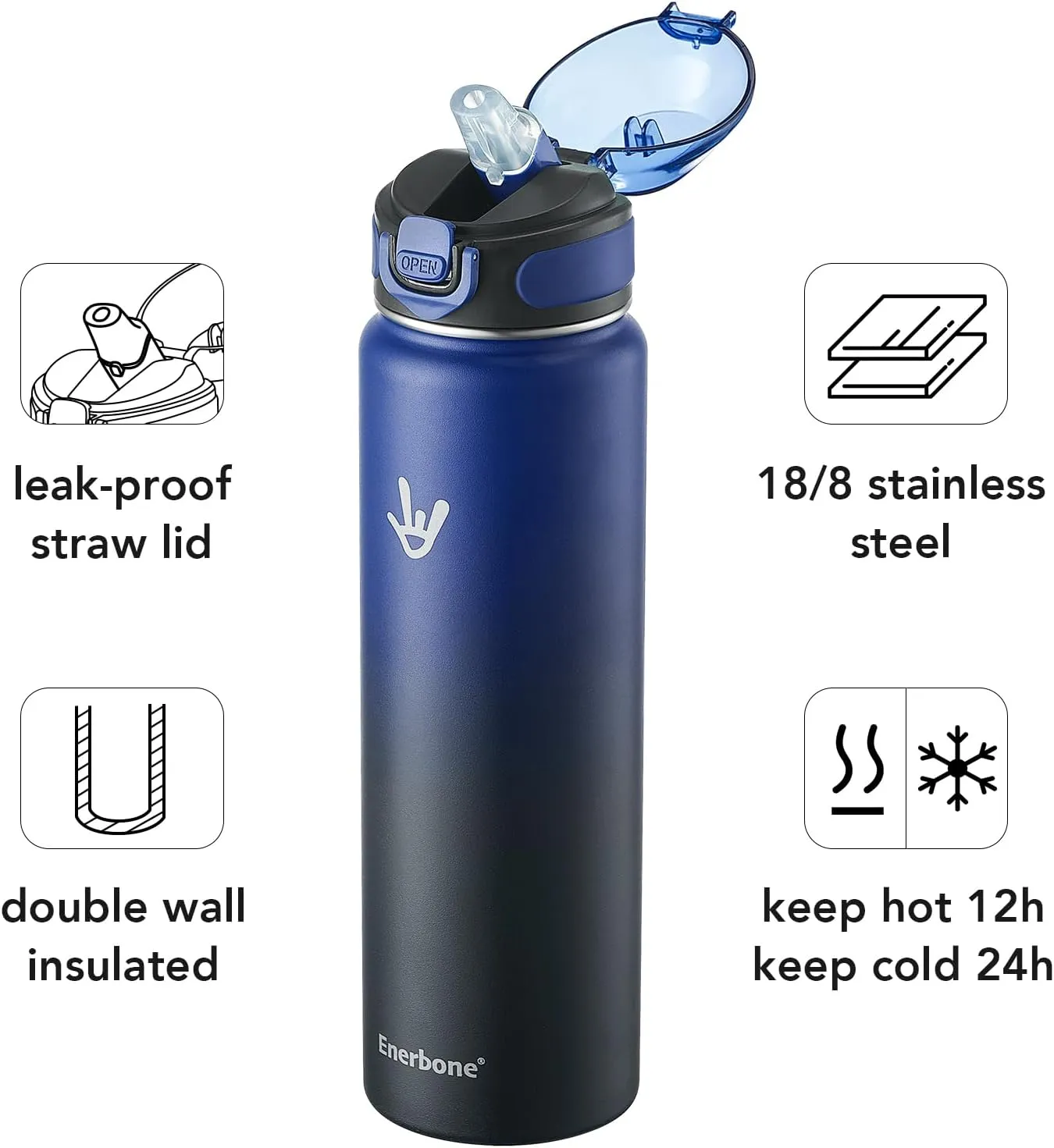 Enerbone Insulated Water Bottle, 32 oz Stainless Steel Water Bottles with Carrying Strap, Double-Wall Vacuum Insulation Thermos, Leakproof Sports Bottle with Straw, Keep Drinks Hot or Cold for Hours