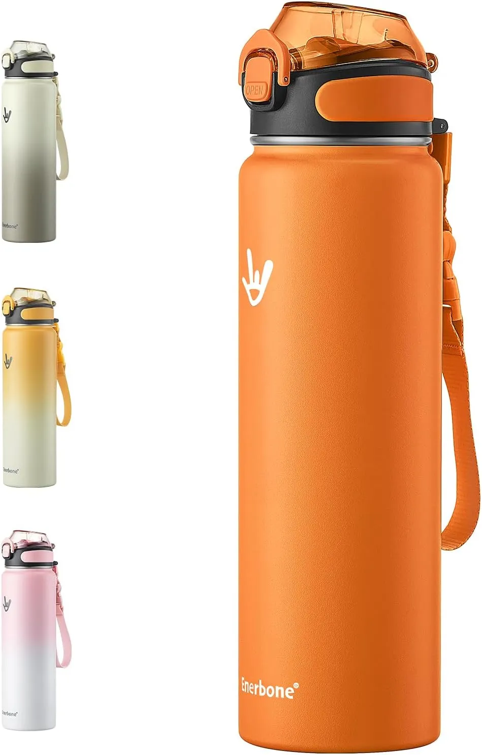 Enerbone Insulated Water Bottle, 32 oz Stainless Steel Water Bottles with Carrying Strap, Double-Wall Vacuum Insulation Thermos, Leakproof Sports Bottle with Straw, Keep Drinks Hot or Cold for Hours