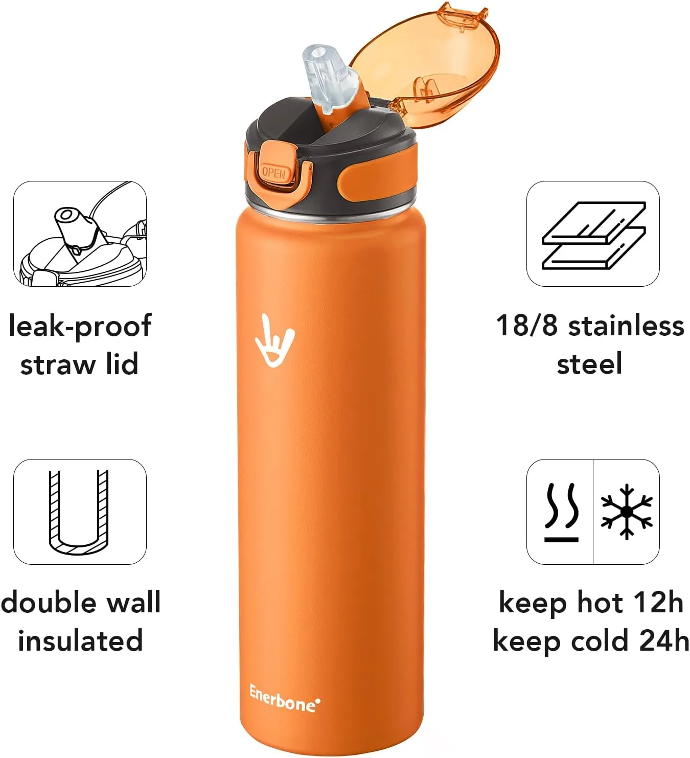 Enerbone Insulated Water Bottle, 32 oz Stainless Steel Water Bottles with Carrying Strap, Double-Wall Vacuum Insulation Thermos, Leakproof Sports Bottle with Straw, Keep Drinks Hot or Cold for Hours