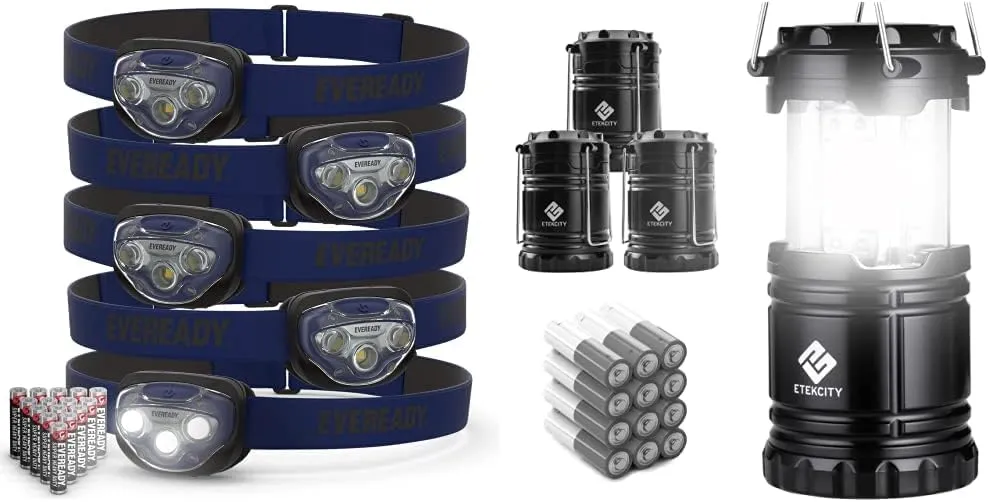 Eveready LED Headlamps Pro200 [5-Pack], IPX4 Water Resistant, Bright and Durable Head Lights & Etekcity Camping Lantern Battery Powered LED for Accessories Gear Supplies Tent Lights, Lanterns, 4 Pack