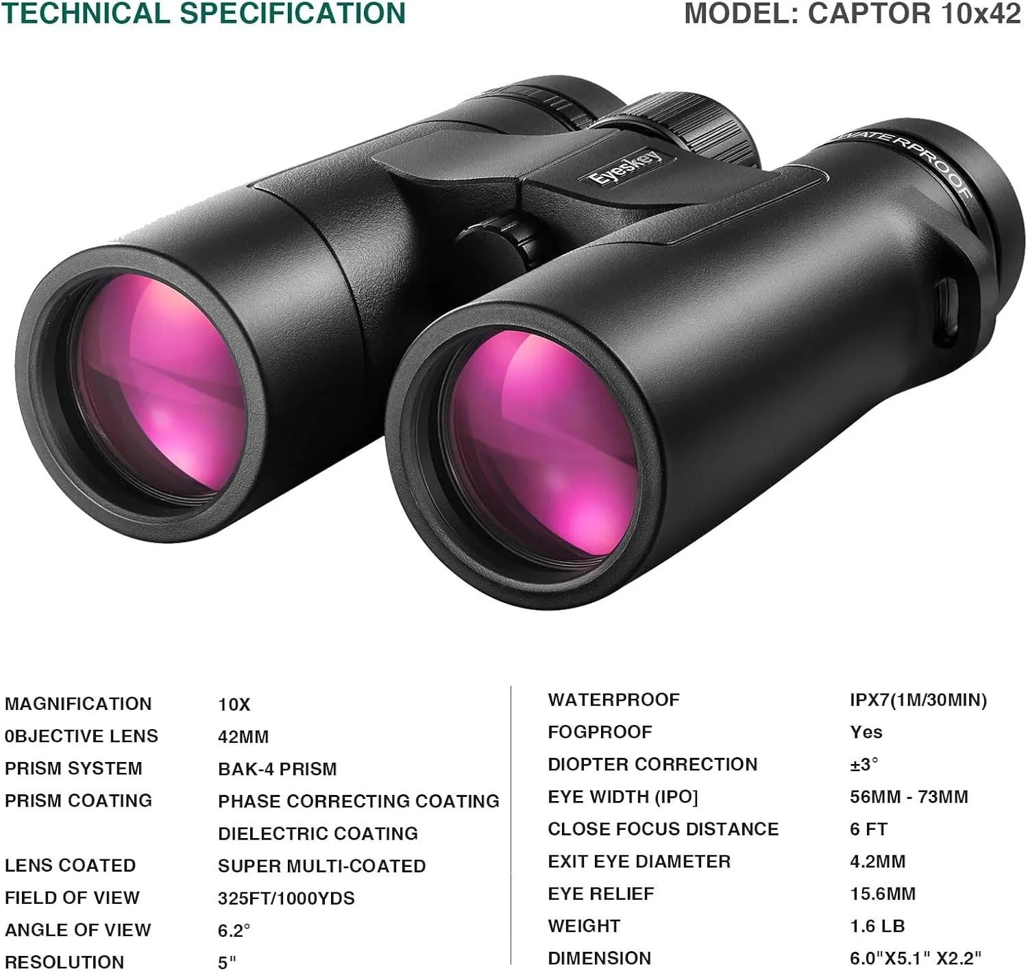 Eyeskey 10x42 ED Binoculars for Adults High Powered, Super Clear and Wide Field of View, Lightweight & Waterproof Binocular, Perfect for Hunting, Bird Watching, Wildlife