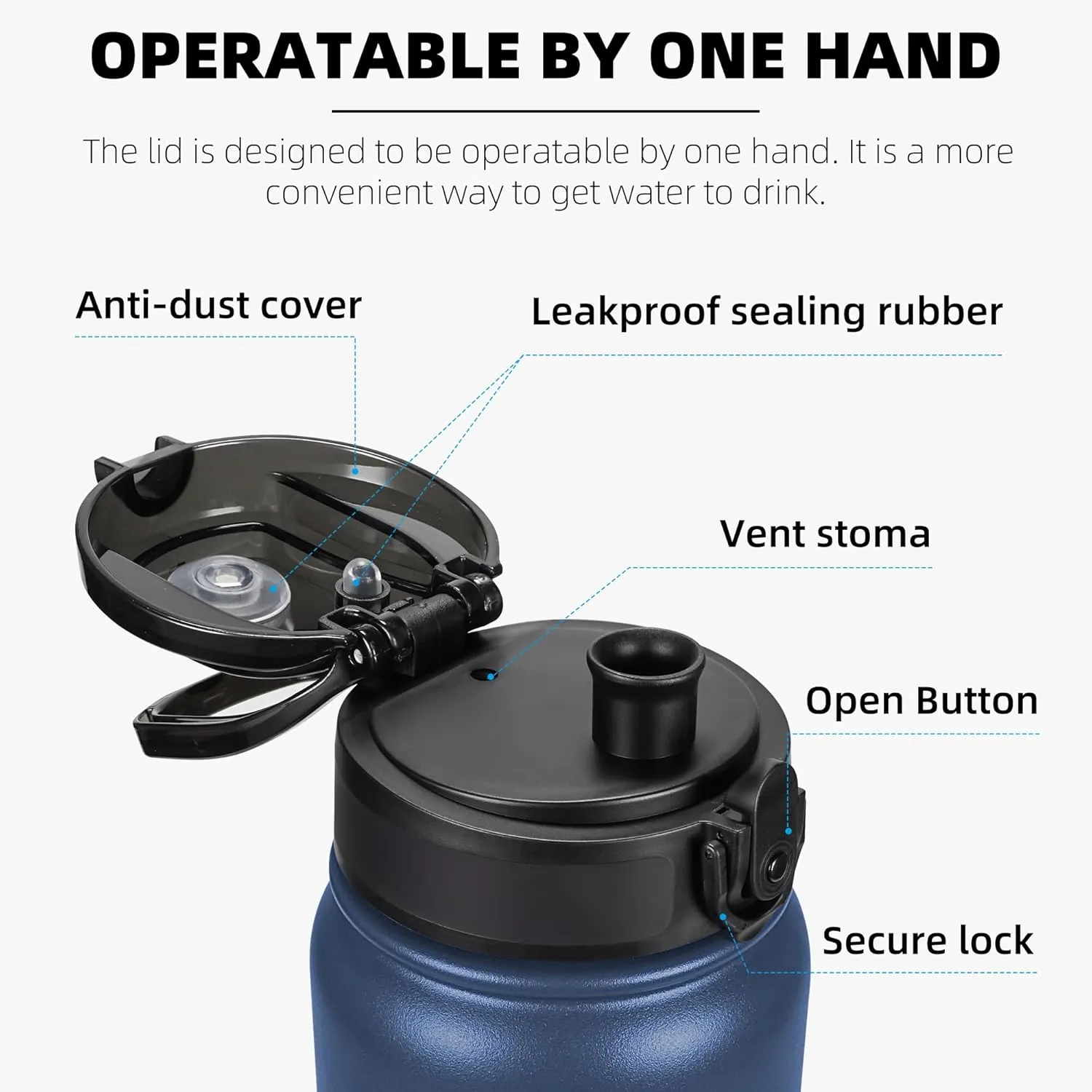 Fanhaw 20 Oz Insulated Stainless Steel Water Bottle with 1 Lid (Chug Lid) - For Kids, Women, Men | Leak & Sweat Proof with Anti-Dust Lid (Navy Blue)