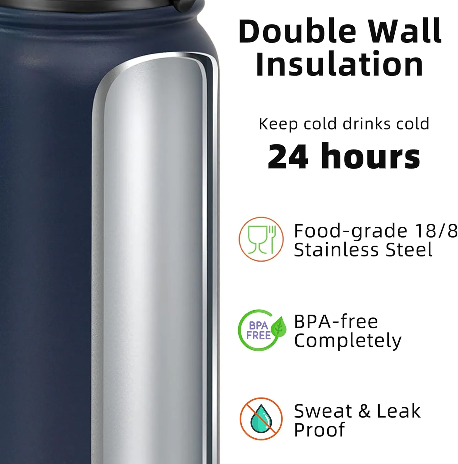 Fanhaw 20 Oz Insulated Stainless Steel Water Bottle with 1 Lid (Chug Lid) - For Kids, Women, Men | Leak & Sweat Proof with Anti-Dust Lid (Navy Blue)
