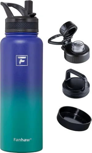 Fanhaw 40 oz Stainless Steel Insulated Water Bottle With 3 Lids (Straw, Spout and Carabiner Lid) - Double Walled Travel Thermal Canteen Mug (Purple Green)