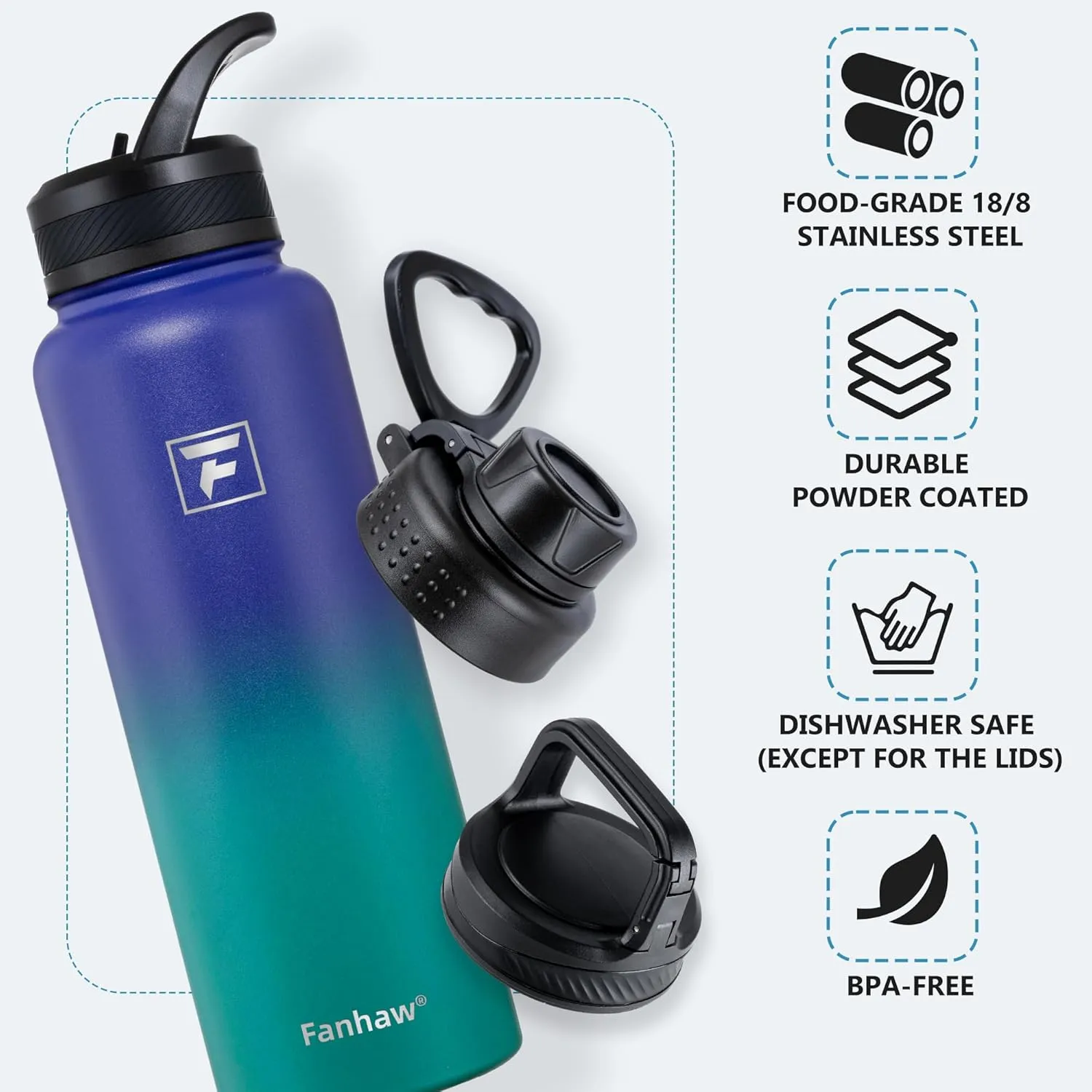 Fanhaw 40 oz Stainless Steel Insulated Water Bottle With 3 Lids (Straw, Spout and Carabiner Lid) - Double Walled Travel Thermal Canteen Mug (Purple Green)