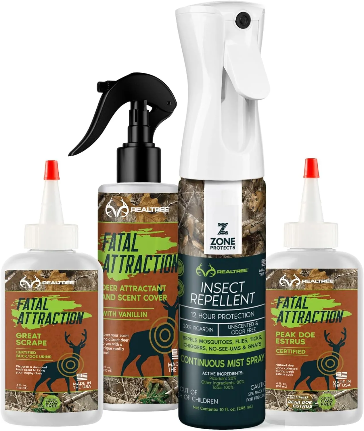 FATAL ATTRACTION Zone Realtree Buckmaster Bundle - Picaridin Insect Repellent, Doe Estrus, Great Scrape & Vanillin Deer Attractant & Cover & Tick and Mosquito Protection!