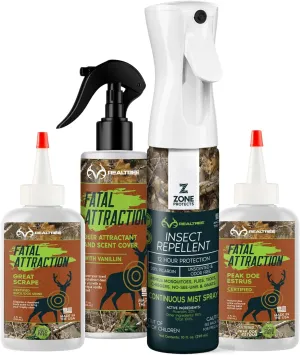 FATAL ATTRACTION Zone Realtree Buckmaster Bundle - Picaridin Insect Repellent, Doe Estrus, Great Scrape & Vanillin Deer Attractant & Cover & Tick and Mosquito Protection!