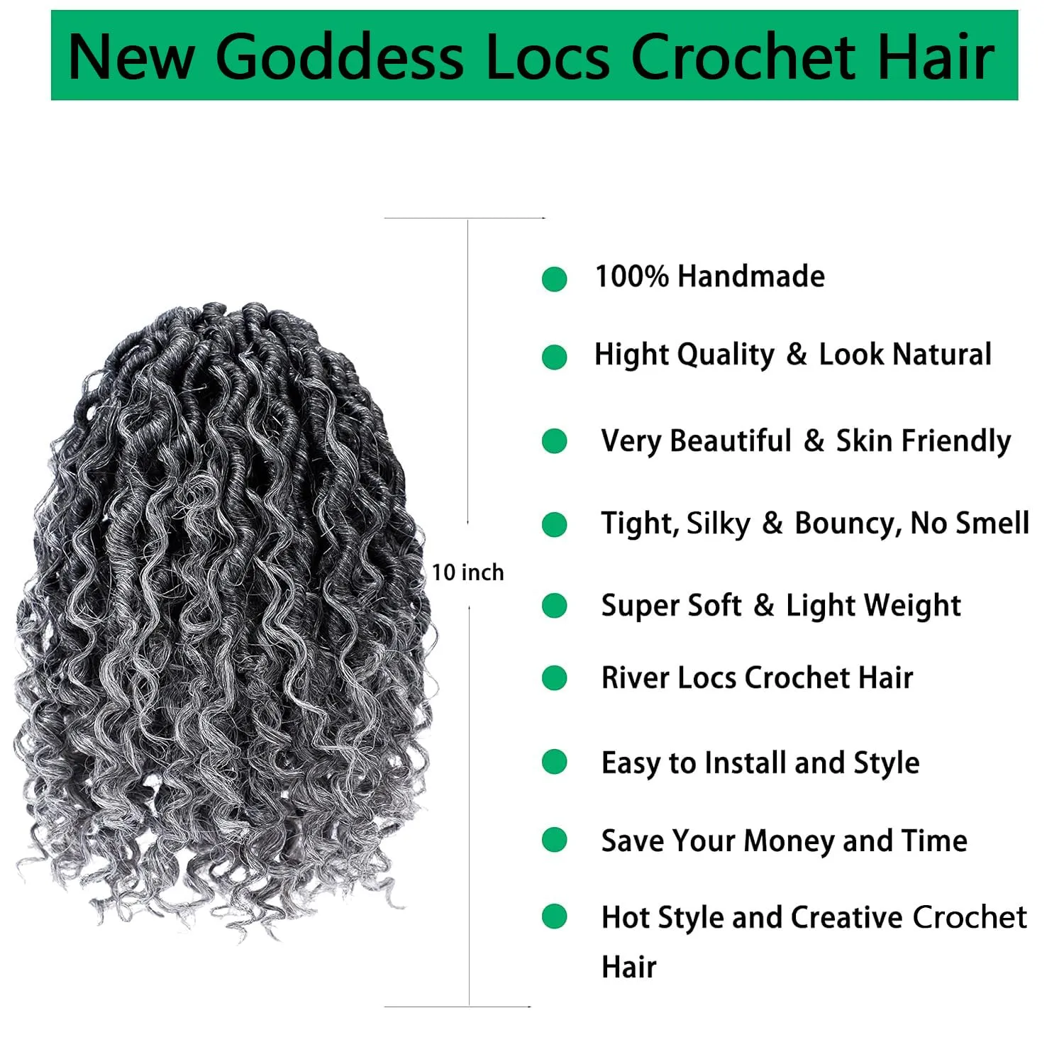 Faux Locs Crochet Hair 10 Inch Goddess Locs Ombre Grey Crochet Hair for Women 6 Packs Gray Soft River Locs Pre Looped Braids with Curly Ends Boho Hippie Synthetic Hair Extensions, 1b/grey