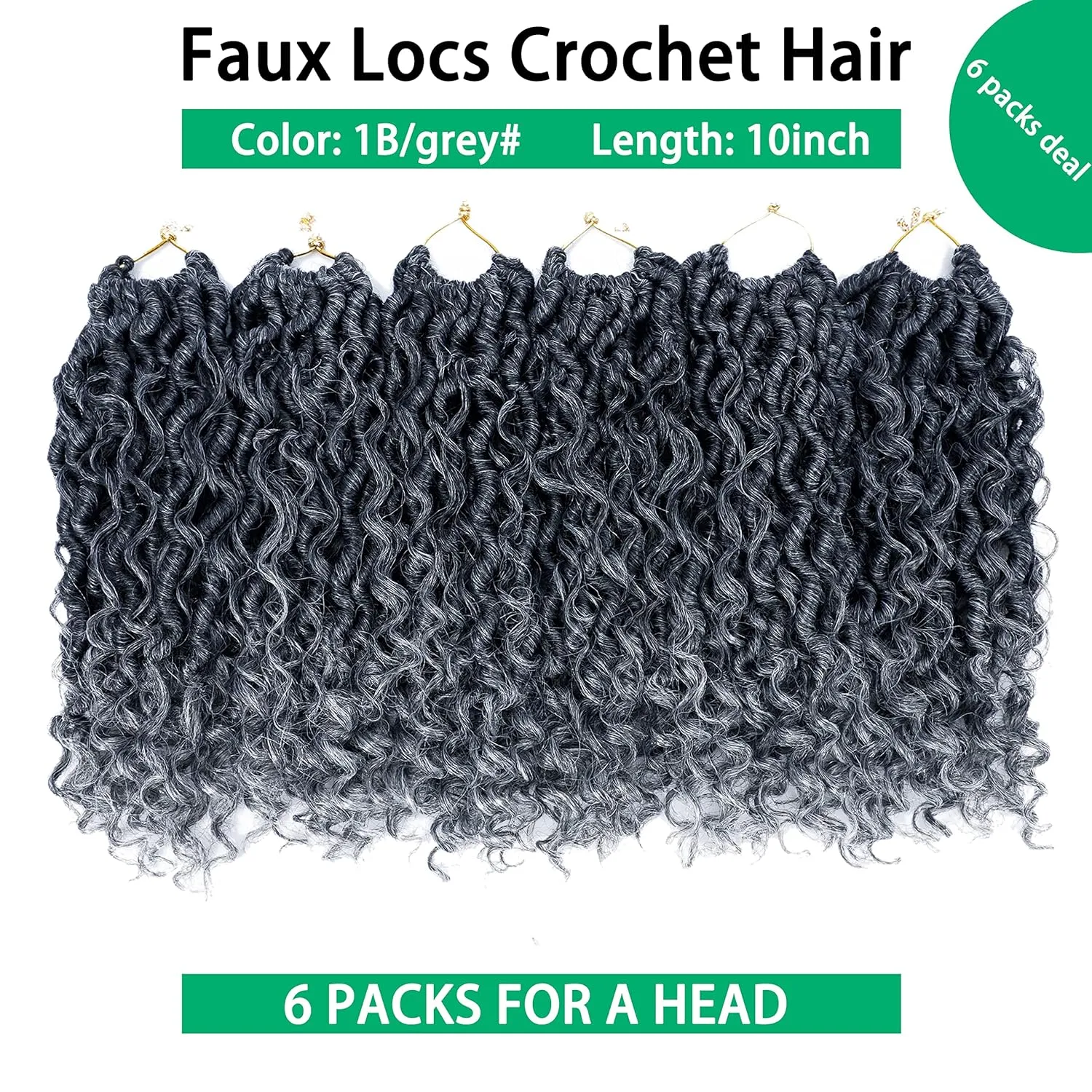Faux Locs Crochet Hair 10 Inch Goddess Locs Ombre Grey Crochet Hair for Women 6 Packs Gray Soft River Locs Pre Looped Braids with Curly Ends Boho Hippie Synthetic Hair Extensions, 1b/grey